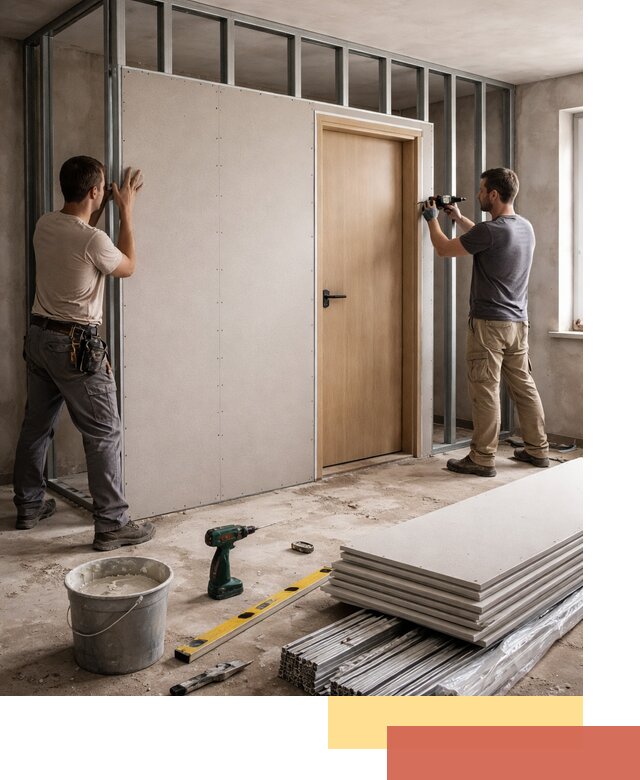 Перегородка из гипсокартона с дверью под ключ в Магнитогорске