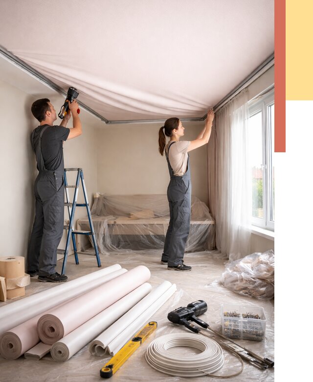 Монтаж цветного натяжного потолка в Магнитогорске от 4345 руб/м² — быстро и недорого | ОТДЕЛОЧНИК-Мгн