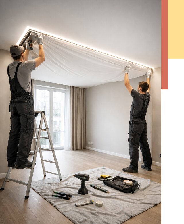 Монтаж парящего натяжного потолка в Магнитогорске от 4655 руб. быстро и недорого | ОТДЕЛОЧНИК-Мгн