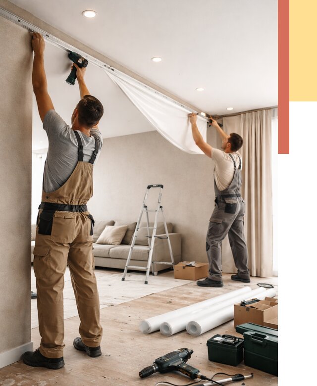 Монтаж натяжного потолка в гостиной в Магнитогорске от 569 руб. | ОТДЕЛОЧНИК-Мгн